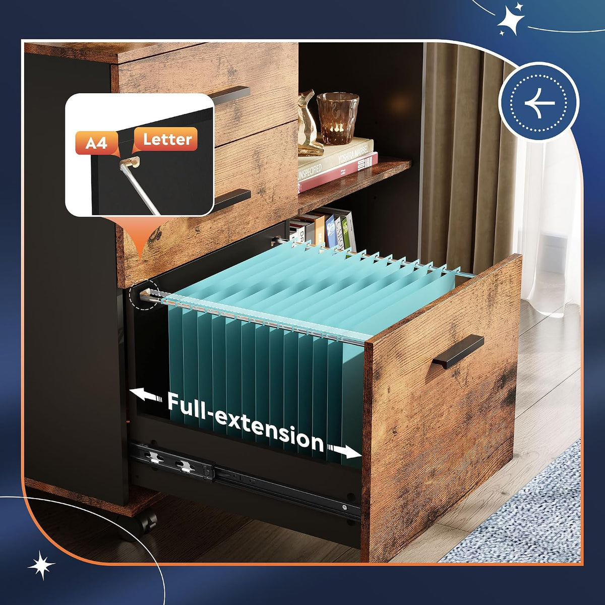 DEVAISE 3-Drawer Mobile File Cabinet, Lateral Filing Cabinet, Rustic Brown | Wood, Rolling Printer Stand, Under Desk Storage, Open Shelves, Fits Letter & A4 File, Home Office