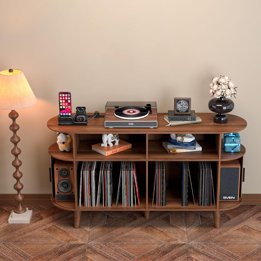 LUVIOHOME Large Round Record Player Stand with Charging Station & USB Ports | Record Storage Cabinet, Mid Century Modern Turntable Stand for Bedroom Living Room