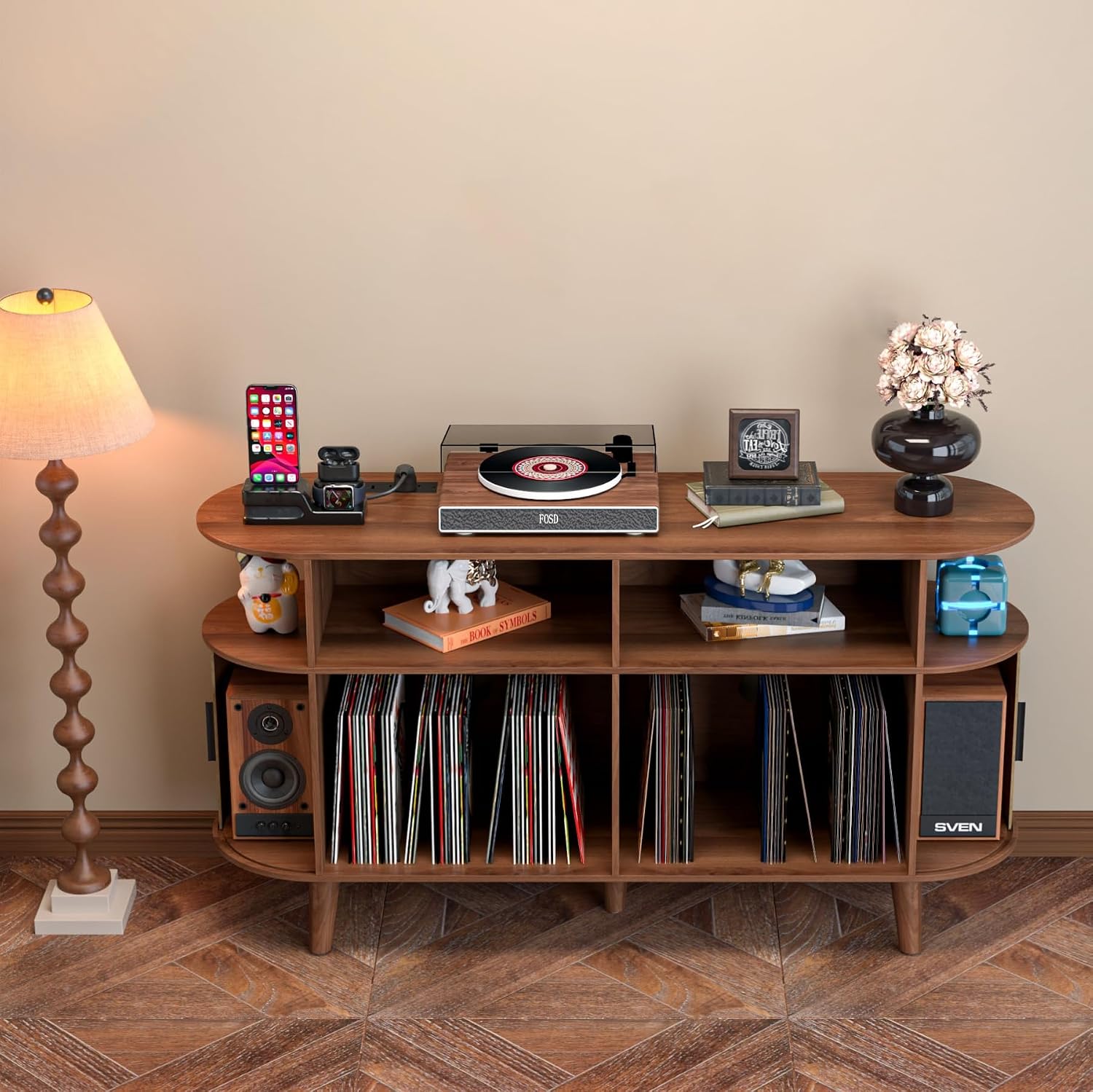 LUVIOHOME Large Round Record Player Stand with Charging Station & USB Ports | Record Storage Cabinet, Mid Century Modern Turntable Stand for Bedroom Living Room