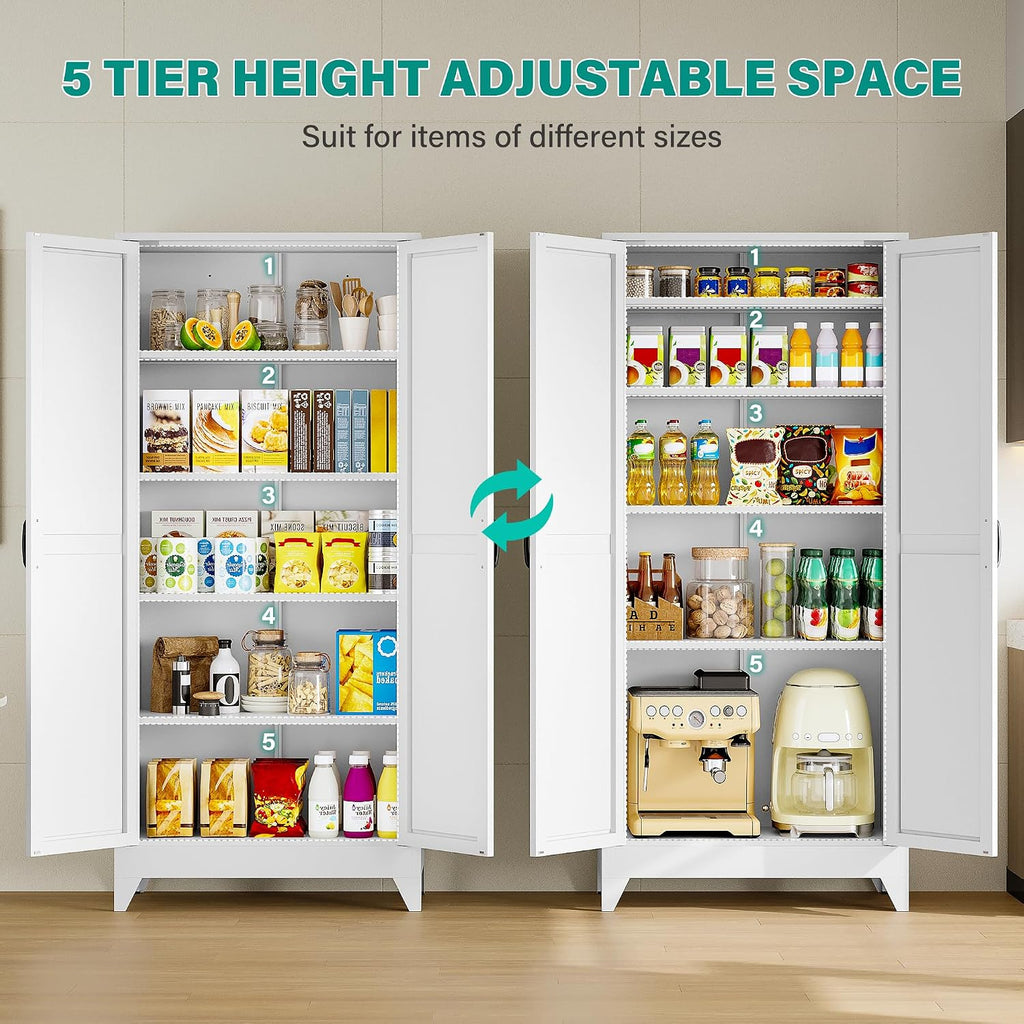 SISESOL 75" Tall Pantry Cabinet,Farmhouse Kitchen Pantry Storage Cabinets with 2 Doors and 5 Shelves,White Metal Storage Cabinet,Large Cupboard for Home,Kitchen,Dining/Living Room