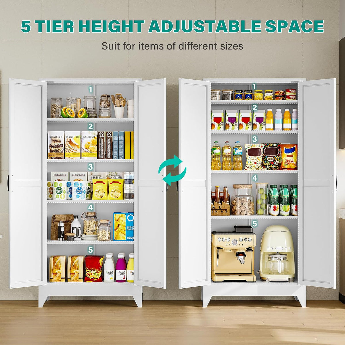 SISESOL 75" Tall Pantry Cabinet,Farmhouse Kitchen Pantry Storage Cabinets with 2 Doors and 5 Shelves,White Metal Storage Cabinet,Large Cupboard for Home,Kitchen,Dining/Living Room