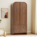LEVNARY Arched Armoire Wardrobe Closet, Mid-Century Modern 2-Door Freestanding Wardrobe with Hanging Rod and 2 Drawers, Fluted Carved Clothing Storage Cabinet for Bedroom (Walnut)