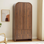 LEVNARY Arched Armoire Wardrobe Closet, Mid-Century Modern 2-Door Freestanding Wardrobe with Hanging Rod and 2 Drawers, Fluted Carved Clothing Storage Cabinet for Bedroom (Walnut)