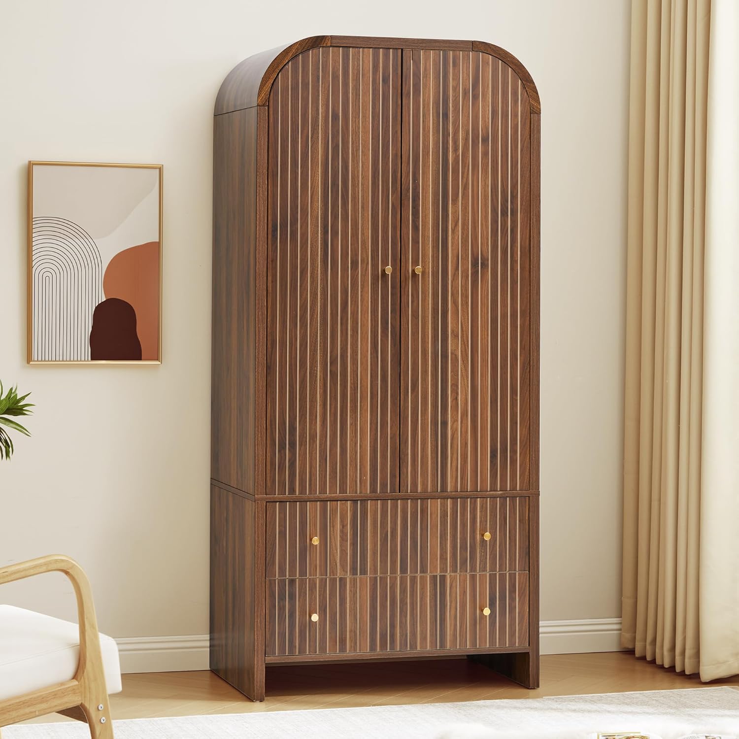 LEVNARY Arched Armoire Wardrobe Closet, Mid-Century Modern 2-Door Freestanding Wardrobe with Hanging Rod and 2 Drawers, Fluted Carved Clothing Storage Cabinet for Bedroom (Walnut)