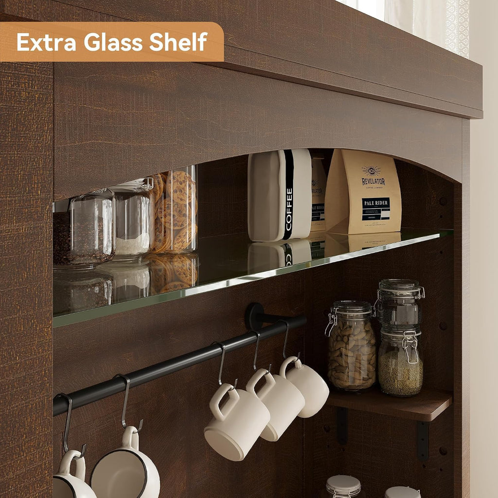 72" Tall Farmhouse Coffee Bar Cabinet with LED Lights – Kitchen Pantry Hutch, Adjustable Shelves, Glass Shelf, Wine Rack, Microwave Stand – Sideboard for Dining/Living Room – Brown-Red