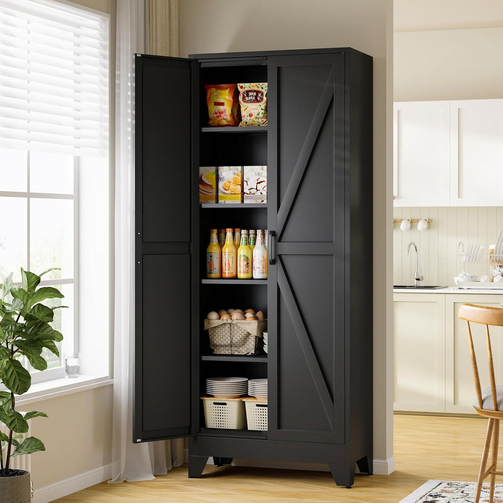RAVIGIN Farmhouse Storage Cabinet,75" H Metal Pantry Cabinet with Barn Doors and Adjustable Shelves,75" H 6-Tier Rustic Pantry Organizers for Kitchen,Dining Room,Black