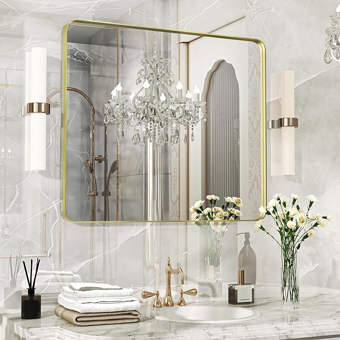 28×32 Glod Bathroom Mirror, Rectangular Bathroom Vanity Mirror for Wall with Rounded Corners & Aluminum Alloy Frame, Tempered-Glass, Modern, Farmhouse, Horizontal/Vertical, Entryway, Bedroom