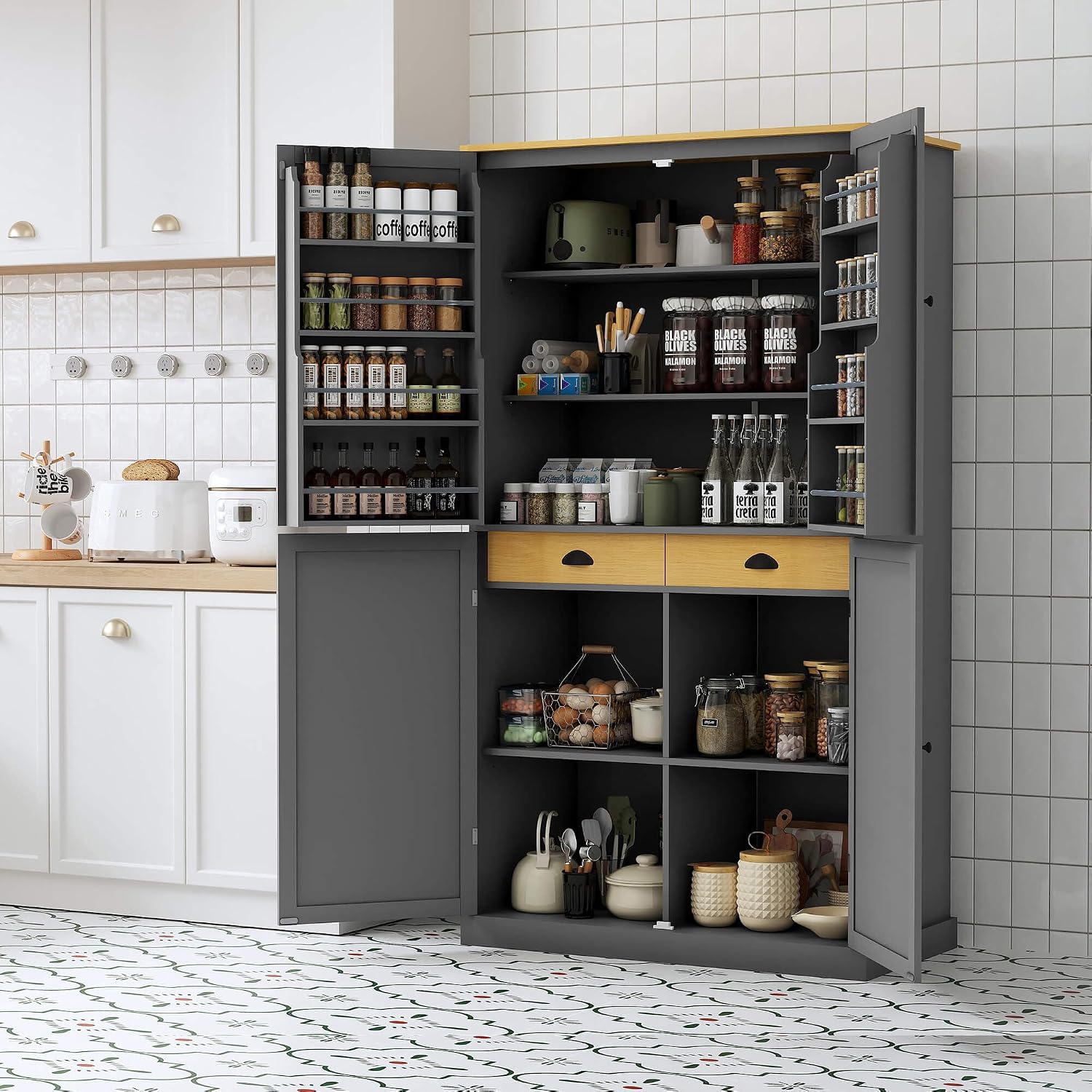 Litex 40.2" Wide Kitchen Pantry Cabinet, 71.3" Tall Freestanding Storage Cabinet with 2 Drawers, Adjustable Shelves & 8 Door Shelves, Large Farmhouse Kitchen Cupboard for Kitchen Dining Room (Gray)