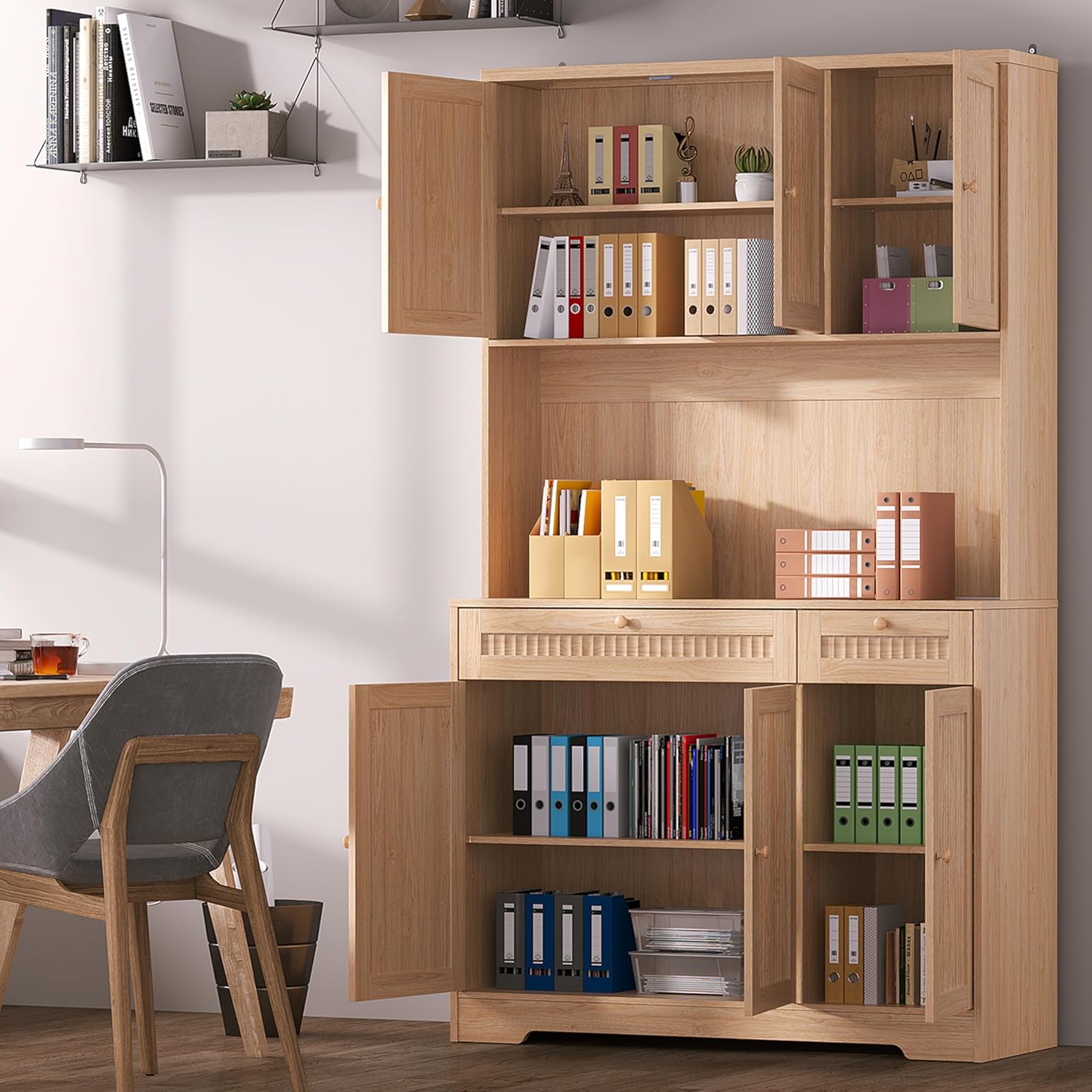 Pantry Storage Cabinet with Charging Station, Kitchen Storage with Adjustable Shelves, Food Pantry Cabinet with Coffee Bar Storage, Modern Kitchen Cupboard for Dining Room, Living Room, Oak