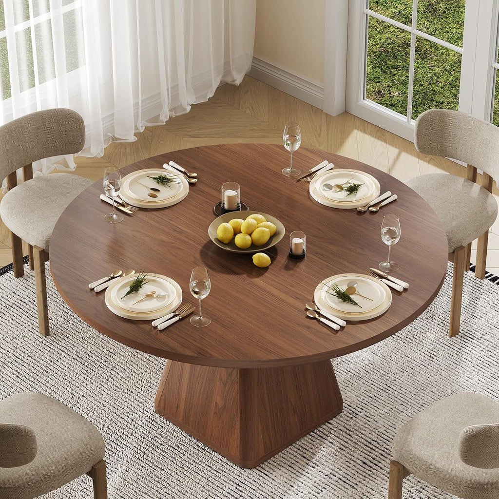 47 Inch Round Dining Table for 4-6, Circle Kitchen Table with Thickened Tabletop, Modern Dining Room Tables with Square Pedestal Base, Dinner Tables for Kitchen Small Space, Walnut (Table Only)
