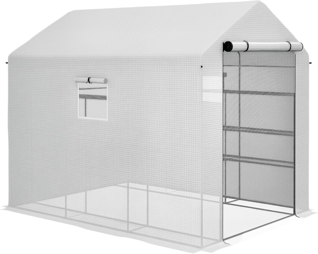 Outsunny 8' x 6' x 7' Walk-in Greenhouse, PE Cover, 4-Tier Shelves, Steel Frame Hot House, Roll-Up Zipper Door for Flowers, Vegetables, Saplings, Tropical Plants, White