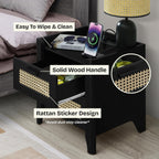 ELISA HOME Rattan-Inspired 2 Drawer Nightstand with Charging Station, Bedside Table with Drawers, Night Stand for Bedroom, End Table or Side Table for Living Room, 15.5" D x 18.9" W x 21.7" H, Black