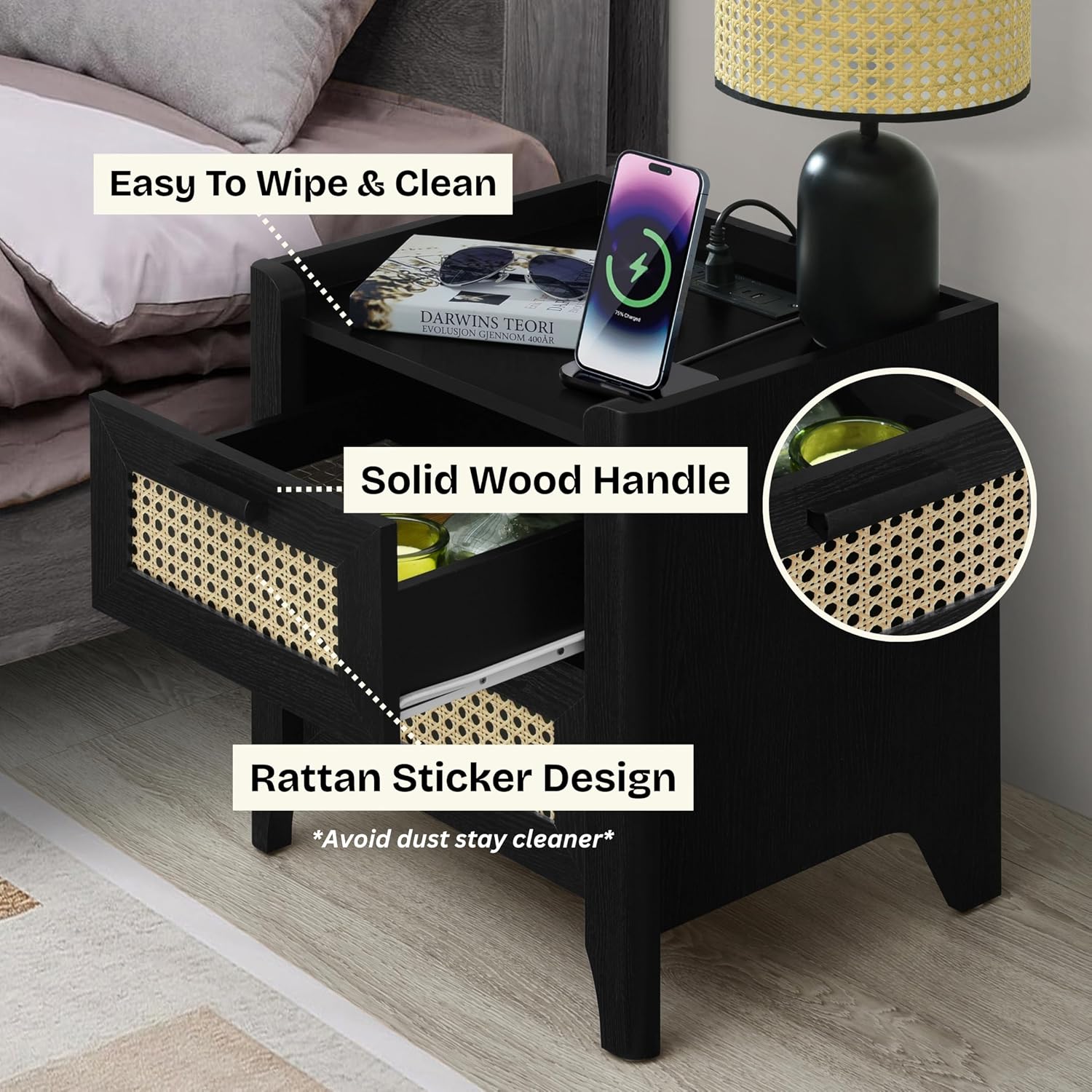 ELISA HOME Rattan-Inspired 2 Drawer Nightstand with Charging Station, Bedside Table with Drawers, Night Stand for Bedroom, End Table or Side Table for Living Room, 15.5" D x 18.9" W x 21.7" H, Black