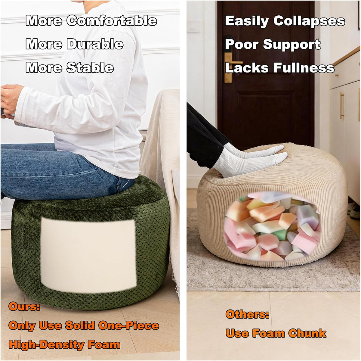 Poofieotto 20"x14" Round Foam Stuffed Pouf Ottoman - Modern Floor Foot Rest & Seating for Living Room, Bedroom, or Couch - Stylish Home Decor Accent (Deep Green)