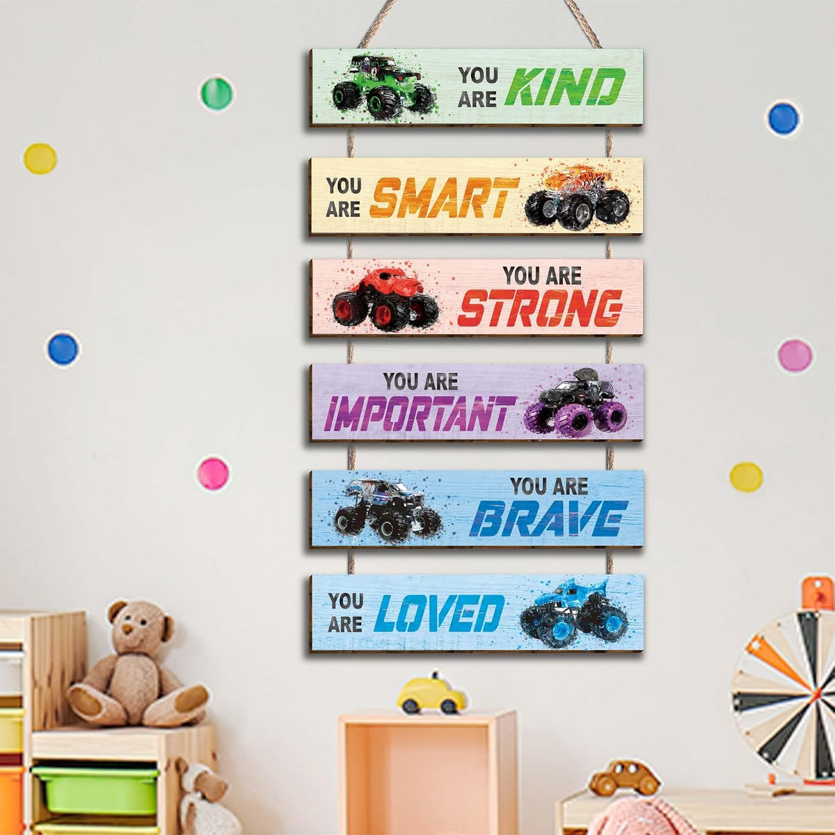 6 Pcs Racing Car Decor Kids Room Decor, Racing Car Inspirational Positive Quotes Wall Art Decor Hanging Sign for Teens Bedroom, Works of Art Made of Wood, Works of Art of Wood, Placards of Woods