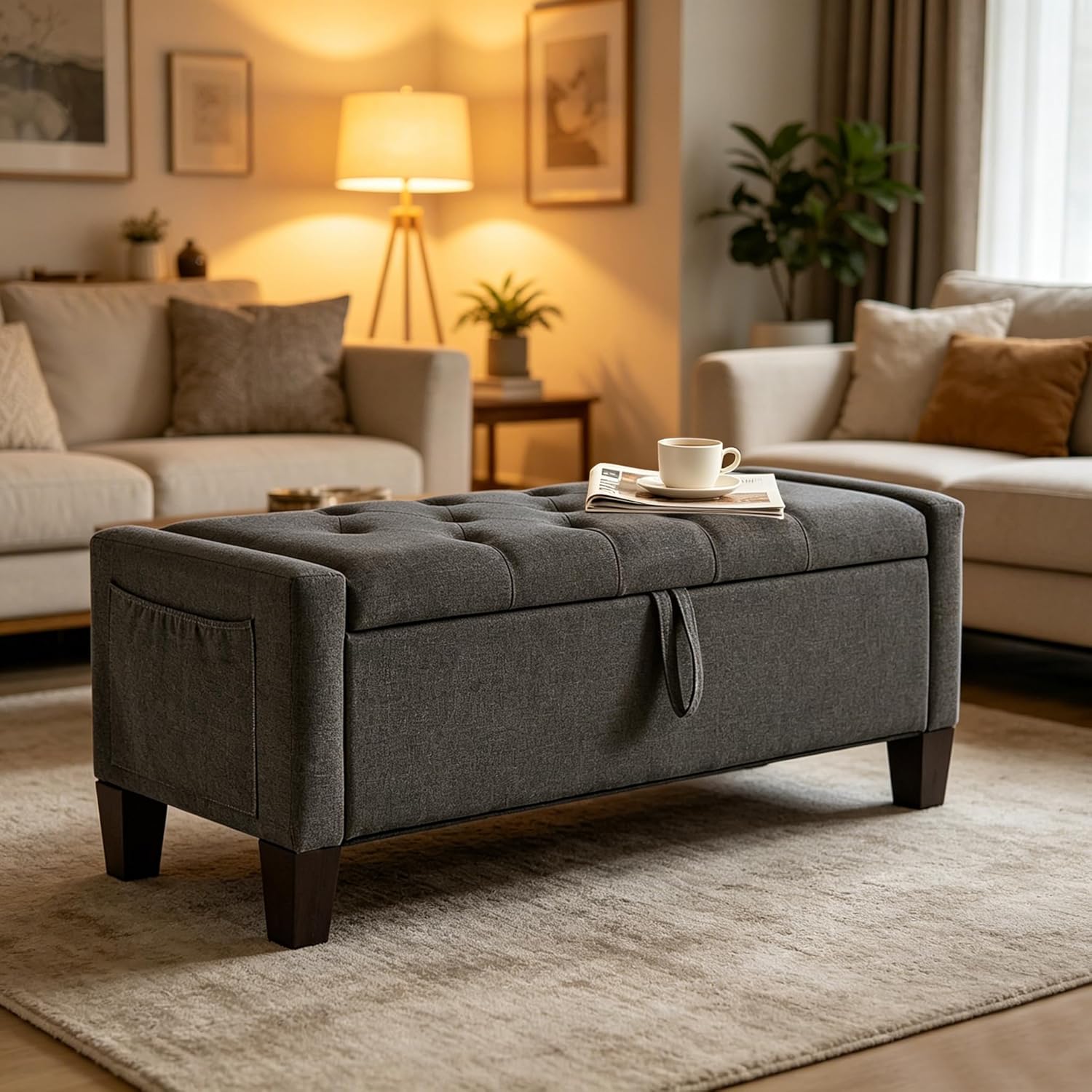 Aoowow Linen Bedroom Ottoman Bench with Storage,Tufted Bed End Storage Benches,45" Mid Century Modern Bench with Seating and Storage for Entryway,Living Room,Window,Bedside (Dark Grey, 45")