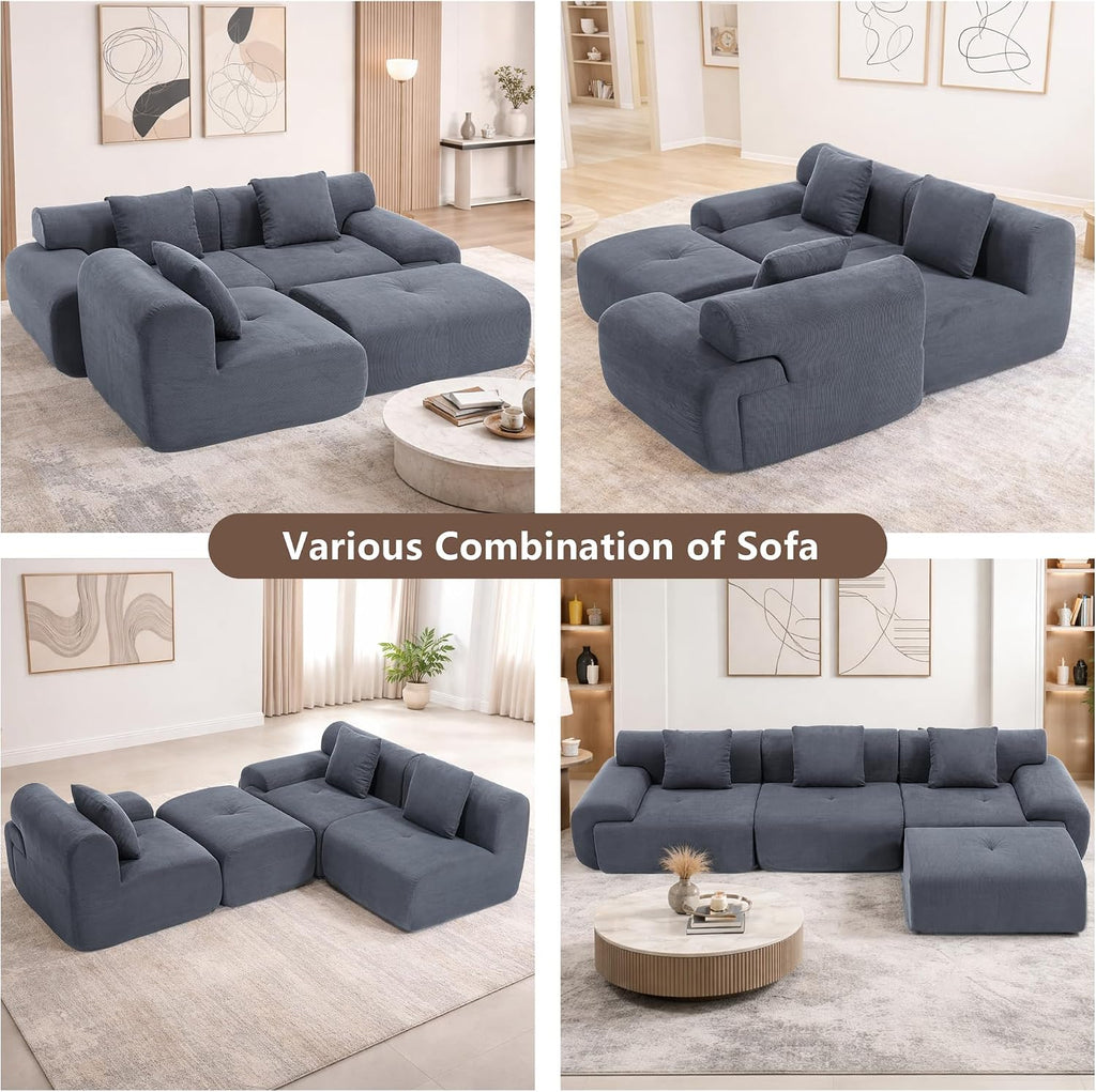 L-Shaped Modular Sectional Sofa, Sectional Couch, Oversized 3-Seater Cloud Couch with Deep Seat and Movable Ottoman for Living Room, Apartment (Gray, 3 Seater with 2 Ottoman)