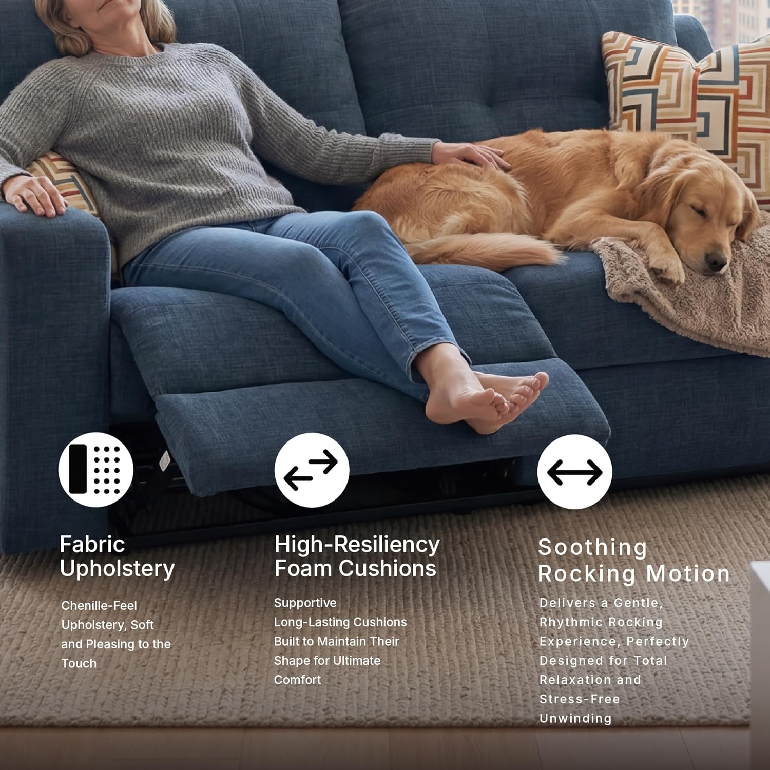 Signature Design by Ashley Danum Modern Manual Pull Tab Reclining Sofa with Tufed Back Cushion, Blue