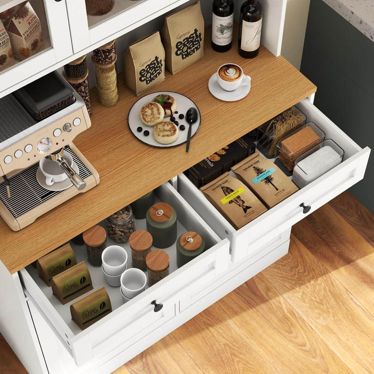 Tall Kitchen Pantry Cabinet, Modern Kitchen Hutch with Microwave Stand | Pantry Storage Cabinet with 2 Darwers & Door Shelf, Food Pantry with Glass Doors & Adjustable Shelves for Dining Room, White