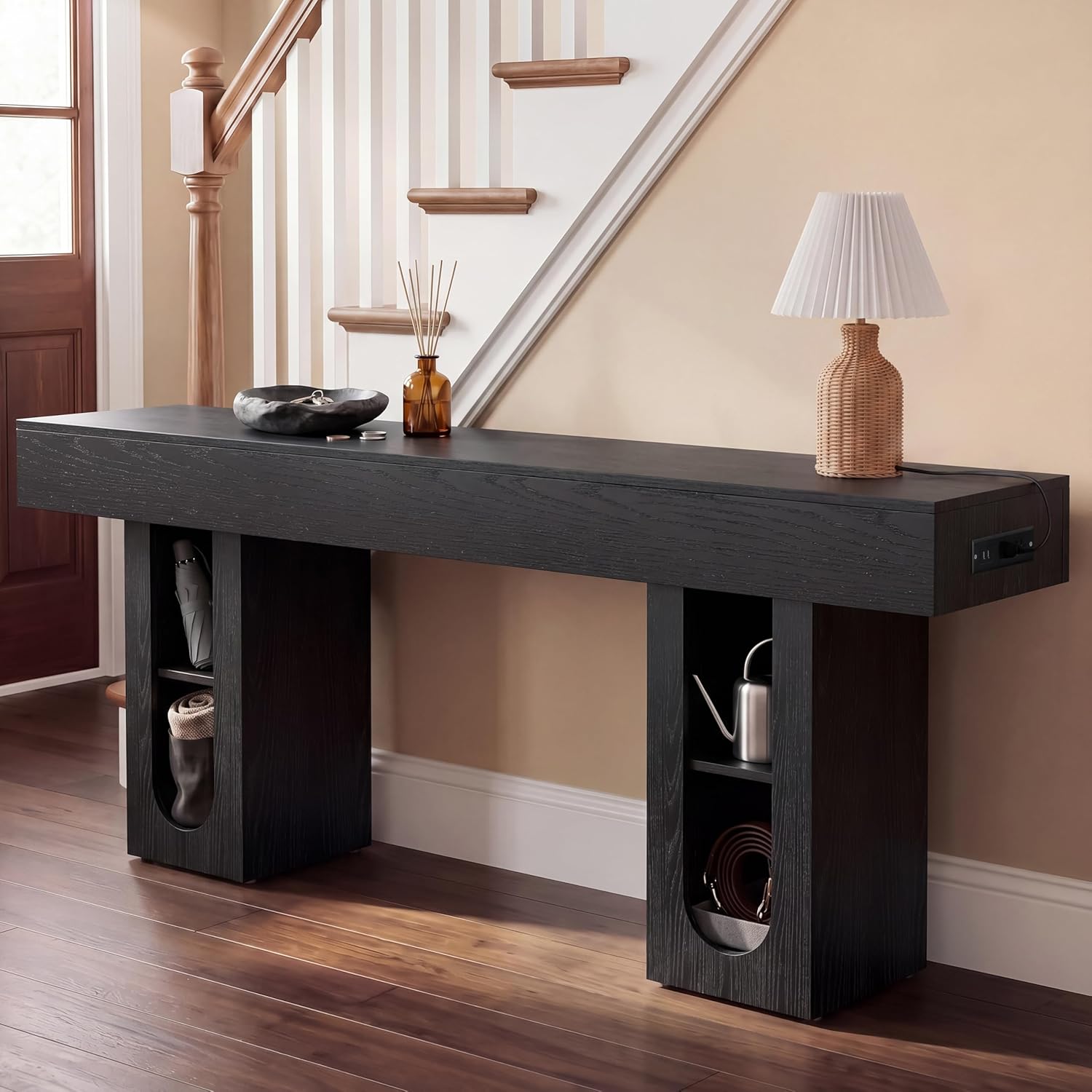 71" Entryway Console Table with Outlets & Storage-Black | 5.9" Thick Top,Zero Wobble,Behind Large Couch,Extra Long,Anti-Tip,Modern Farmhouse,Dense MDF,Living Room,Hallway,300lbs Load
