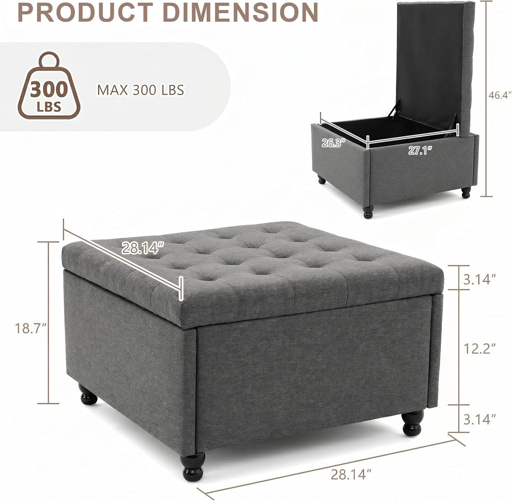 28" Large Square Ottoman with Storage, Fabric Ottoman Coffee Table, Grey | Living Room Coffee Table, Footrest or Extra Seat, Bedroom and Entryway Use, Solid Wood Frame, Safety Hinges, 300 lb Capacity