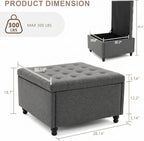 28" Large Square Ottoman with Storage, Fabric Ottoman Coffee Table, Grey | Living Room Coffee Table, Footrest or Extra Seat, Bedroom and Entryway Use, Solid Wood Frame, Safety Hinges, 300 lb Capacity