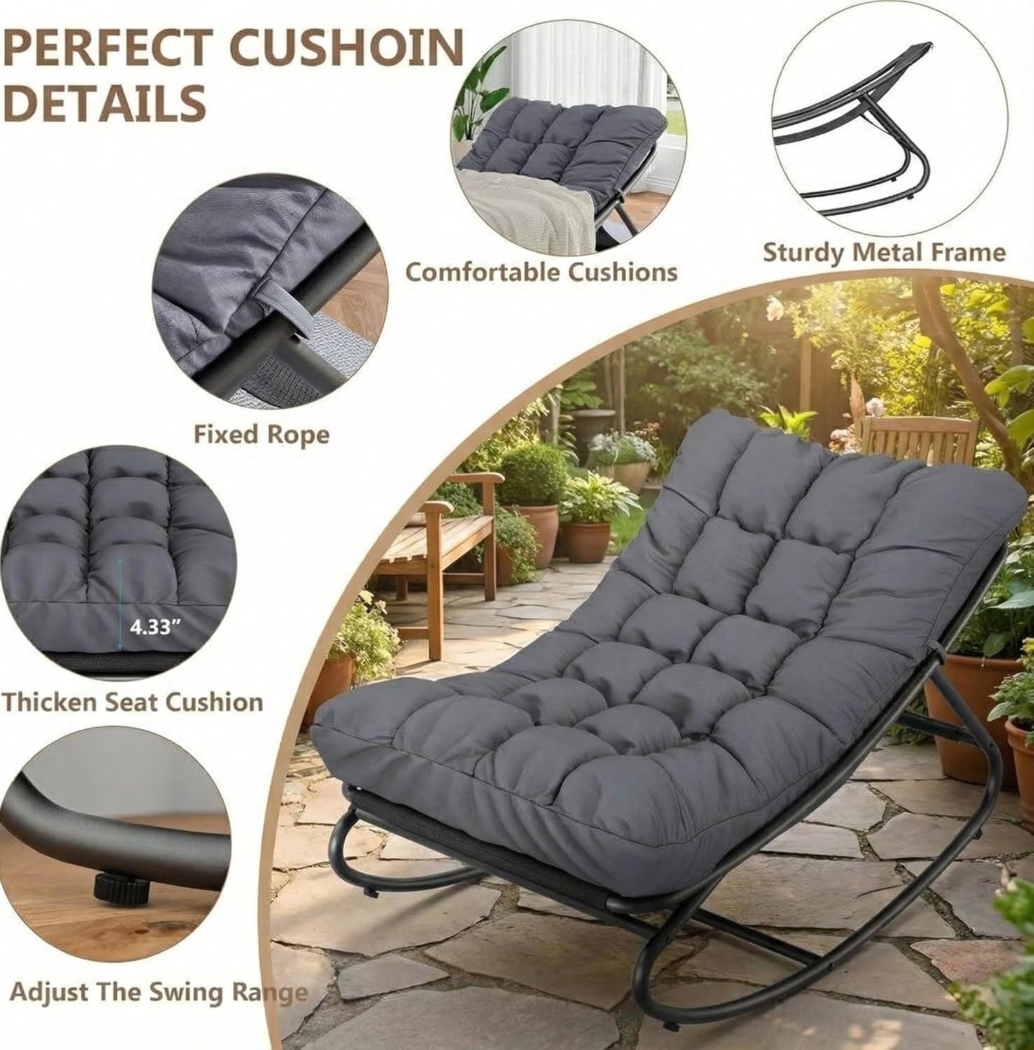 GarveeTech Outdoor Papasan Rocking Chair, Oversized Egg Rocker with Adjustable Swing & Waterproof Cushion, 450 lbs Capacity Metal Frame for Patio, Porch, Garden, Dark Gray