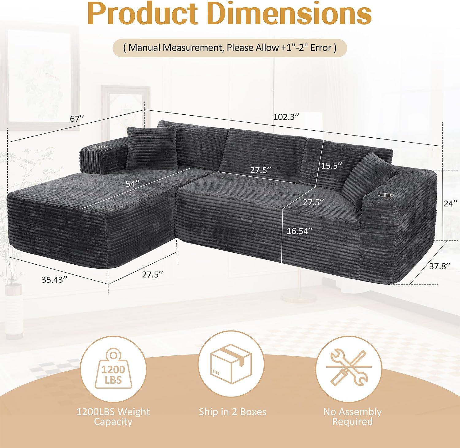 JAMFLY 103" Modular Sectional Sofa for Small Spaces, No Assembly, Black | Pet-Friendly Corduroy, High Back Support, Compact for Apartments, Ready to Use, Deep Seat & Memory Foam