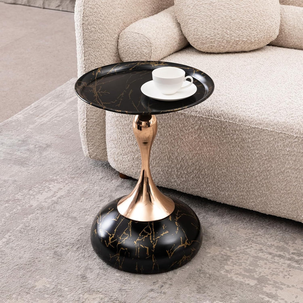 Metal Side Table, Modern Round Side End Table Metal Pedestal Side Table Coffee Table, Corner Accent Table Fluted Circle Decorative Drink Martini Table for Living Room (Black Marble)
