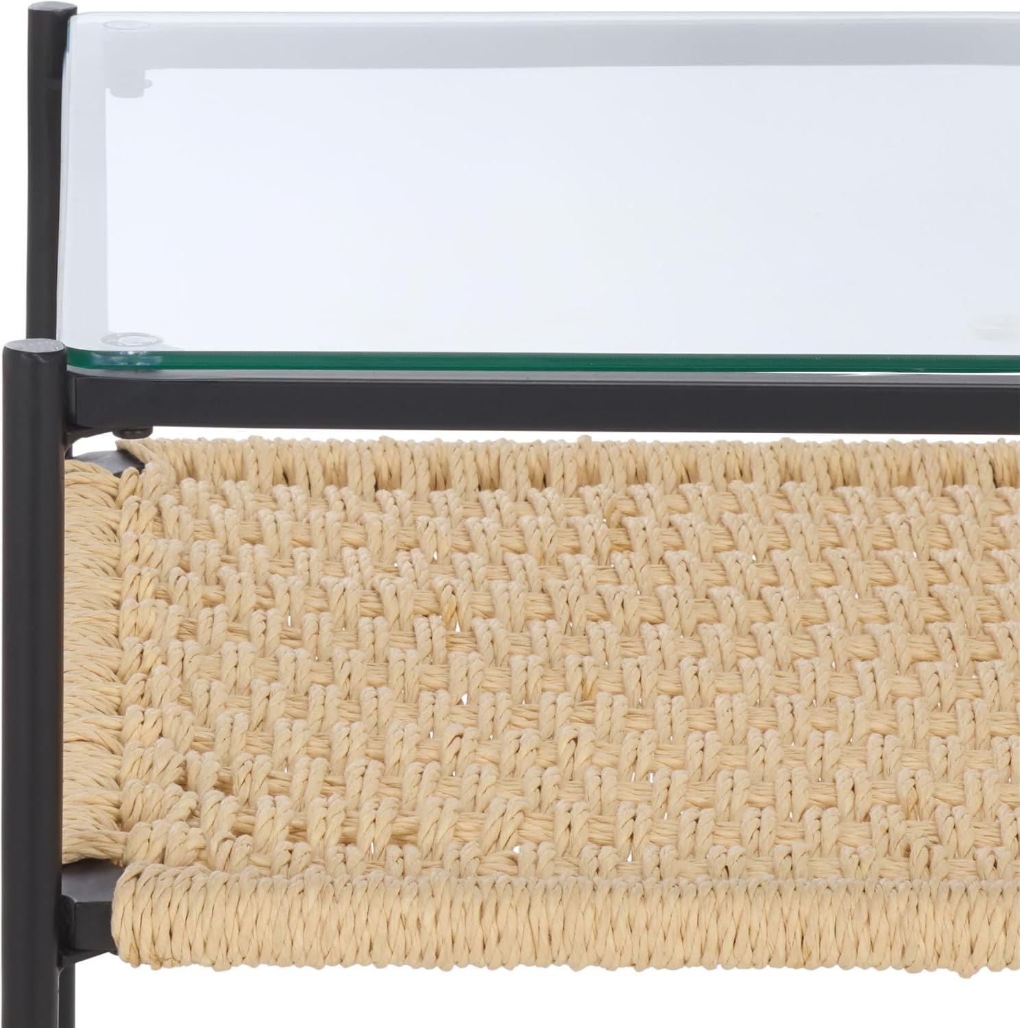 SAFAVIEH Home Collection - Omaka Square End Table, Black Metal Frame with Glass Top and Natural Woven Shelf (ACC2325A)