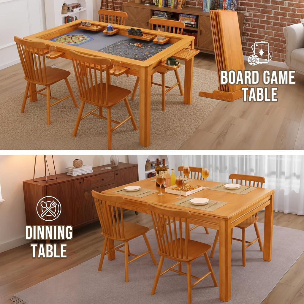 63" Solid Wood Board Game Table for Gaming/Dining, Removable Top | Gaming Table for 4–6 Players with 54" x 30.7" Play Area, Neoprene Play Mat, Leaf Storage Rack, 6 Cup Holders & Trays, Nature