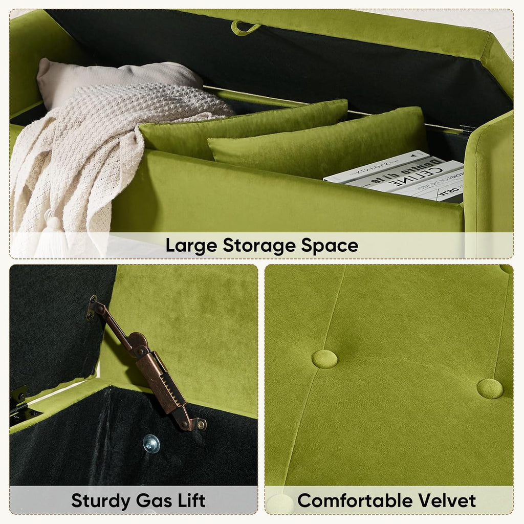 48" End of Bed Bench, Modern Storage Benches with Button-Tufted, Velvet Upholstered Storage Ottoman Bench for Foot of Bed with Arms, Gold Legs Window and Entryway, Olive Green