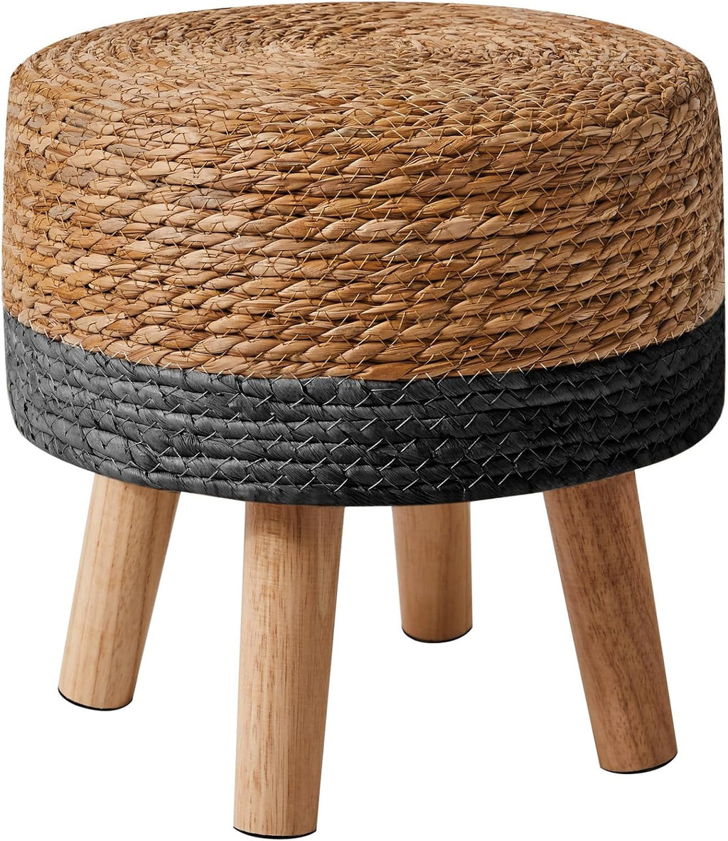 YMYNY Foot Stool, 12.6" Small Ottoman, Natural+Black,HBD027B | Natural Seagrass Hand Weave, Round Footrest, Non-Skid Wood Legs, Boho Style,for Living Room, Bedroom, Entryway