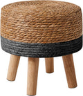 YMYNY Foot Stool, 12.6" Small Ottoman, Natural+Black,HBD027B | Natural Seagrass Hand Weave, Round Footrest, Non-Skid Wood Legs, Boho Style,for Living Room, Bedroom, Entryway