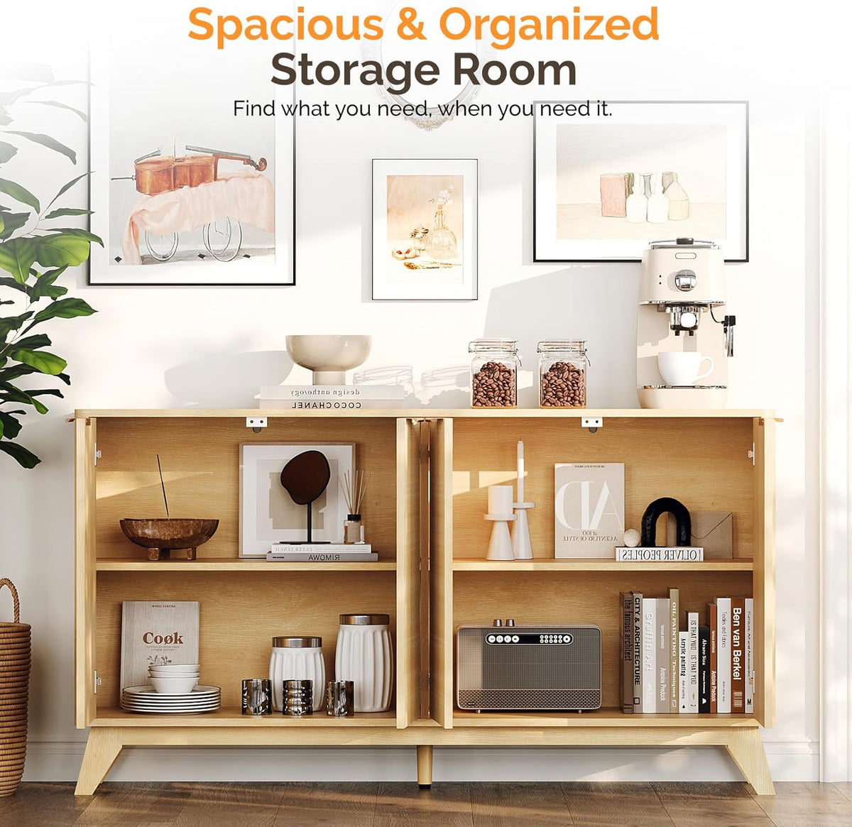 VINGLI 55" Buffet Cabinet with Storage, Fluted 4 Doors Sideboard Cabinet with Adjustable Shelves, Modern Storage Cabinet with Doors for Kitchen, Dining Room & Living Room, Natural Oak
