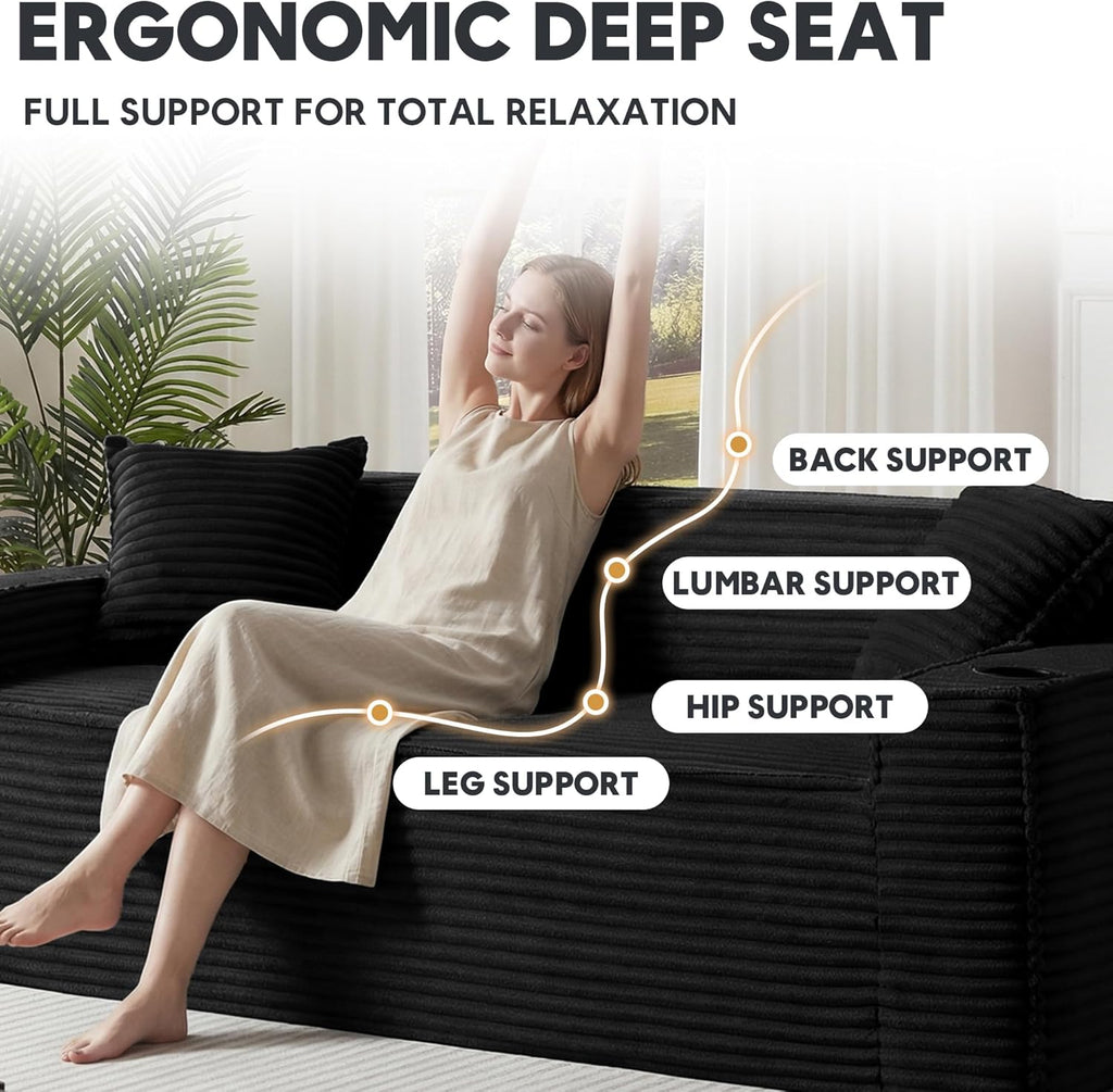 Sectional Sofa 3 Piece Set with Cup Holders & Side Pockets, Modern Corduroy Fabric Deep Seat Cloud Couch Living Room, Office, No Assembly (Black)