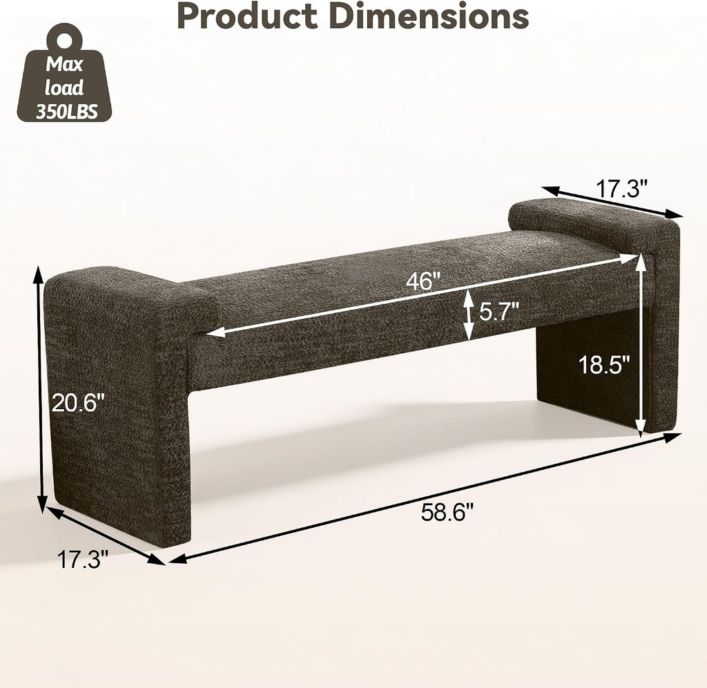 58.7" Upholstered End of Bed Bench, Entryway Bench with Curved Armrests, Modern Bedroom Bench Seat with Solid Wood Frame for Living Room, Hallway, Brown