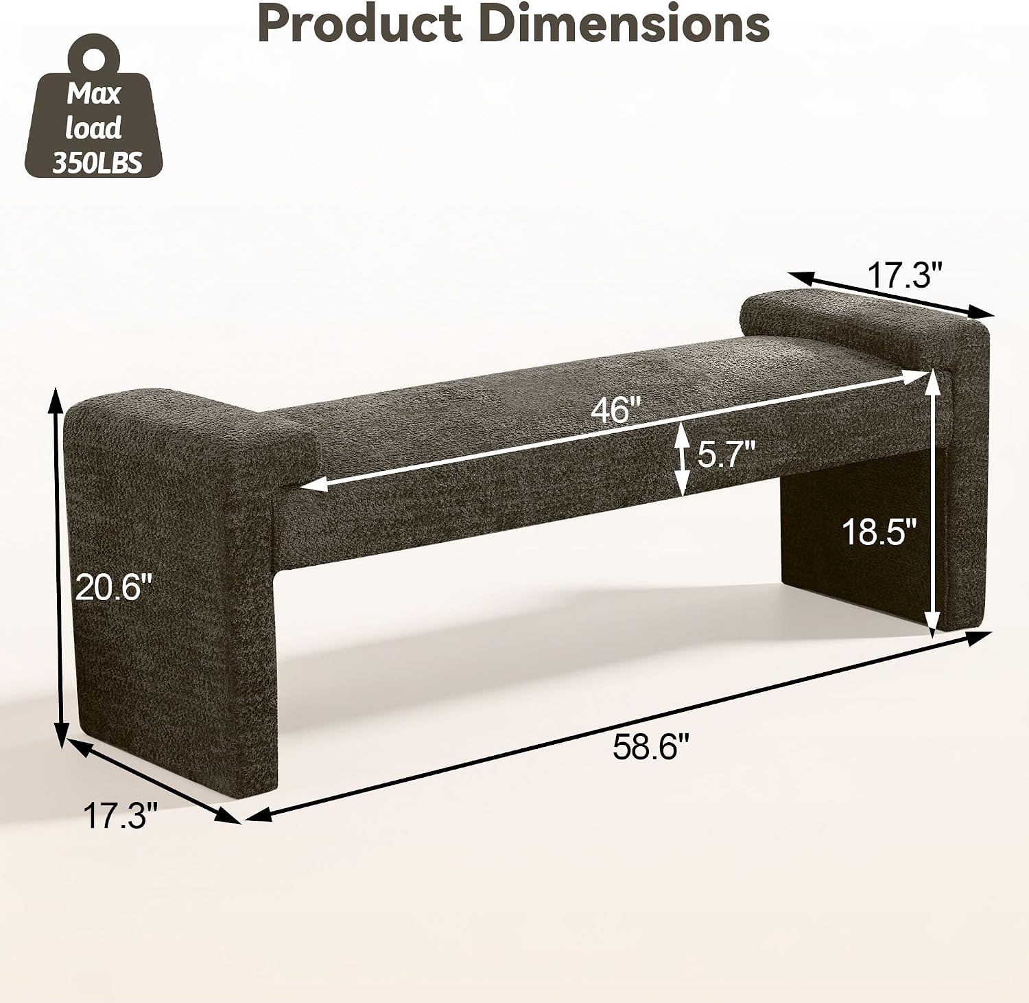58.7" Upholstered End of Bed Bench, Entryway Bench with Curved Armrests, Modern Bedroom Bench Seat with Solid Wood Frame for Living Room, Hallway, Brown