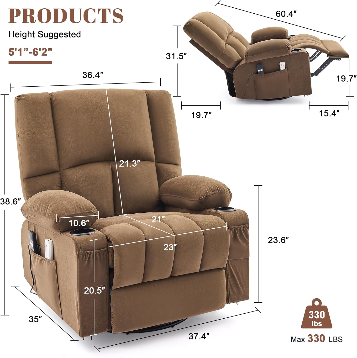 Oversized Recliner Chairs for Adults, 270° Swivel Rocker Recliner with Heat and Massage Lazy Boy Recliner,Recliner Chairs Single Sofa Seat with Cup Holders (Brown,Electric)