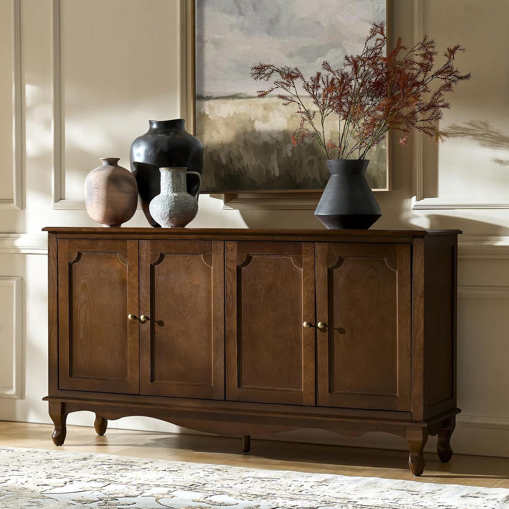 HULALA HOME Sideboard Buffet Cabinet with Storage, 58" Kitchen Farmhouse Wood Credenza Storage Cabinet with 4 Doors & 2 Shelves, Accent Console Table with Solid Wood Legs & Adjustable Shelves, Walnut