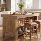 Tribesigns 55" Kitchen Island with Storage & Seating (Natural Brown | Farmhouse Wooden Island with Stationary Worktop, Open Shelves, and Legroom, Dining Prep Station for Home Kitchen