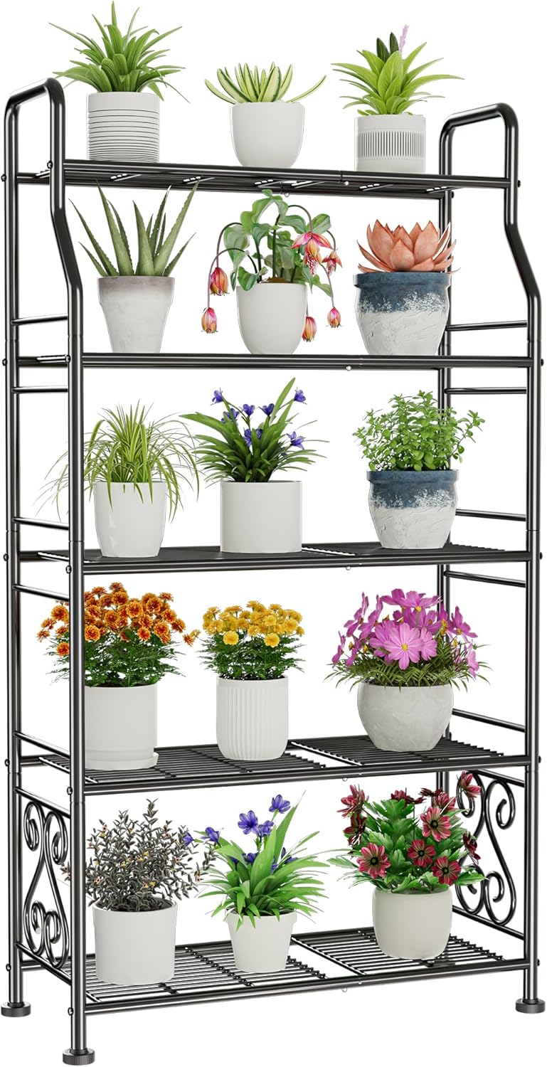 GIOTORENT Plant Stand Outdoor Indoor 5 Tier Metal Waterproof - 53.2" Plant Shelf for Patio, Balcony, Living Room, Large Capacity Tiered Plant Rack, Black
