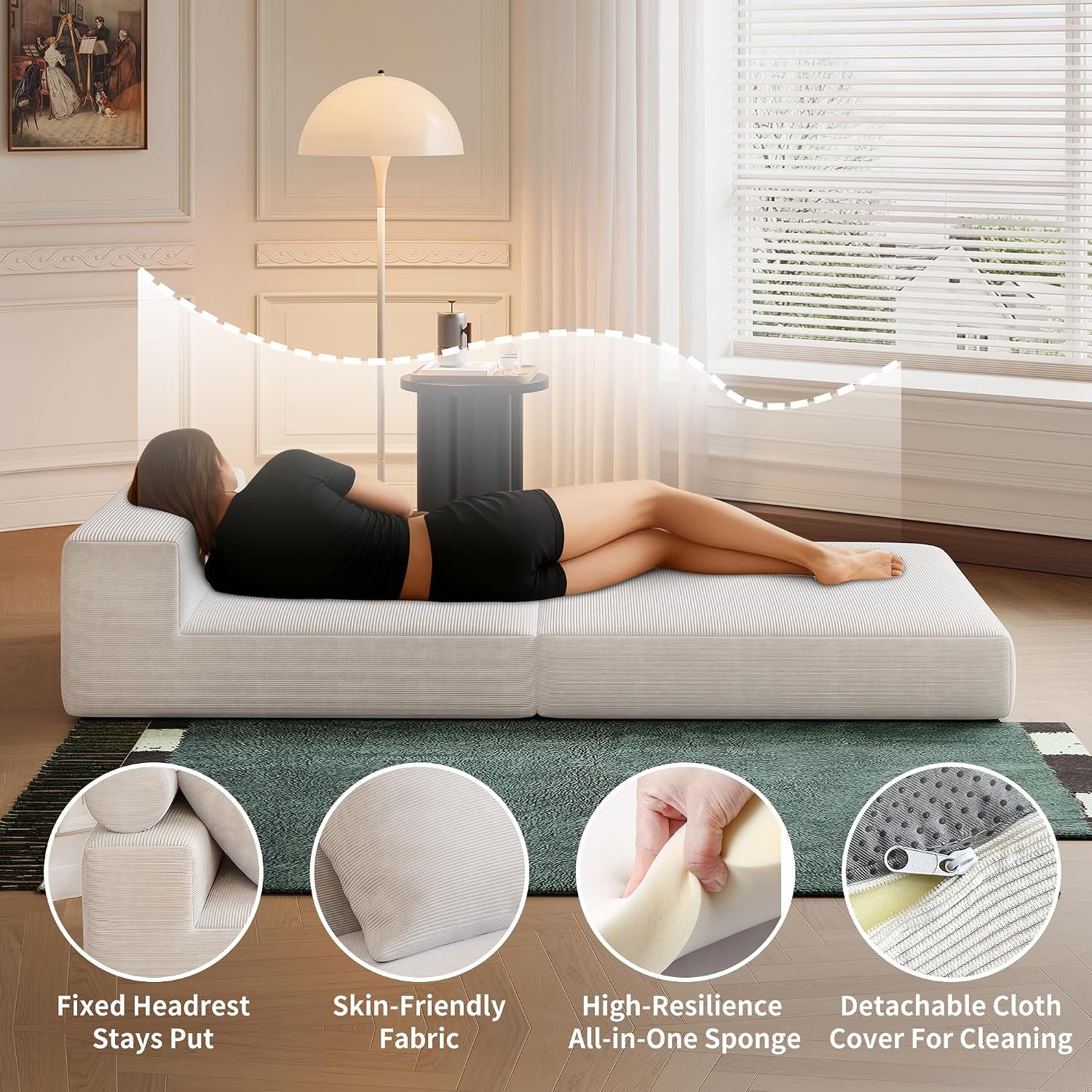 Folding Sofa Bed, 3-in-1 Convertible Sleeper Chair Bed with Pillows, Foldable Floor Couch with High-Density Foam, Futon Small Couch for Living Room Bedroom Lounge, Single, White