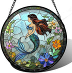 Stained Glass Window Hanging - Light Blue Mermaid Suncatcher for Door Terrace Garden Home Decor, Ocean Flowers Sun Catcher Birthday Gifts for Lovers Women Men Dad Mom Nana 11.8 in