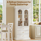 Vyre 71" Arched Kitchen Cabinet with Glass Doors, Tall Display and Storage Cabinet with Drawers for Dining Room or Living Room, Modern Pantry Cabinet with Gold Handles, White