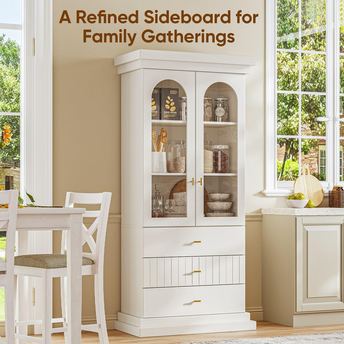 Vyre 71" Arched Kitchen Cabinet with Glass Doors, Tall Display and Storage Cabinet with Drawers for Dining Room or Living Room, Modern Pantry Cabinet with Gold Handles, White