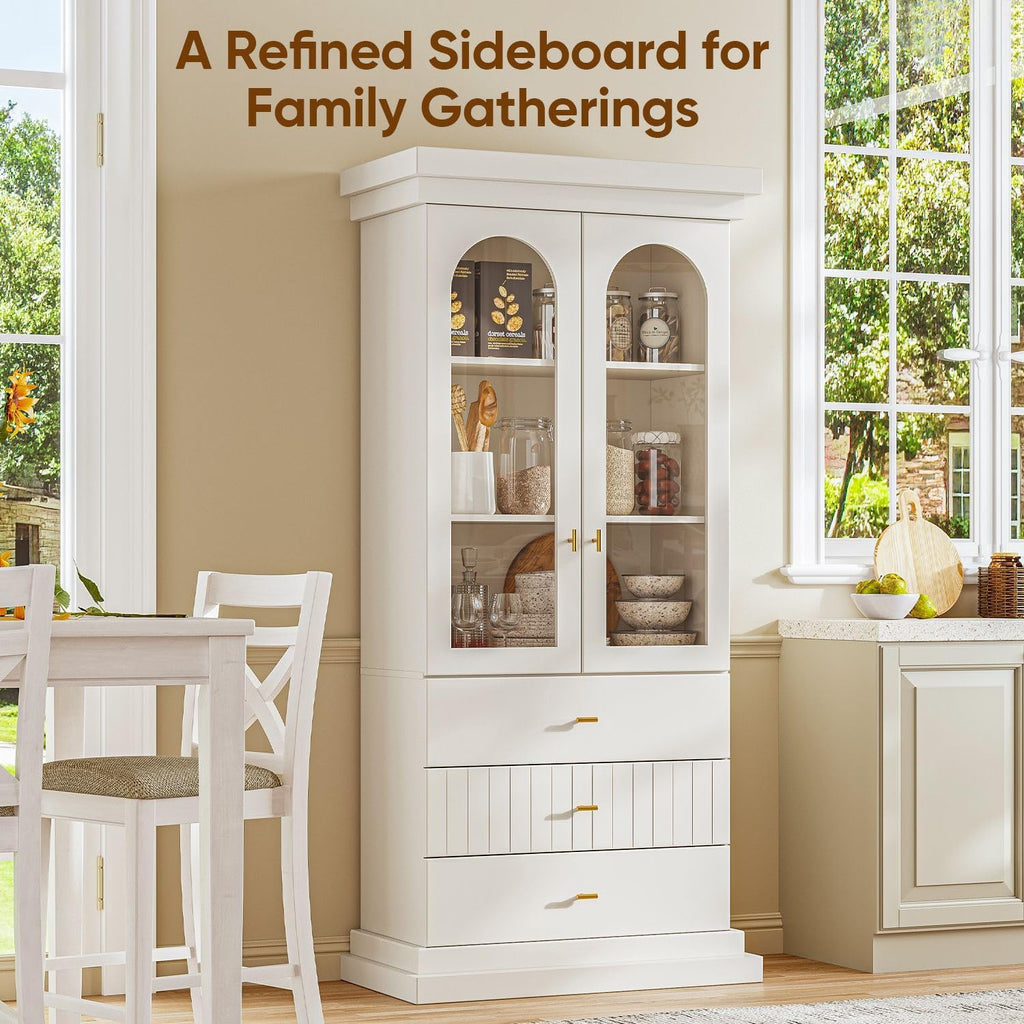 71" Arched Kitchen Cabinet, Double Glass Door Display and Storage Cabinets with Drawers, Modern Pantry for Dining Room and Living Room, White with Gold Handles, 2 of Set