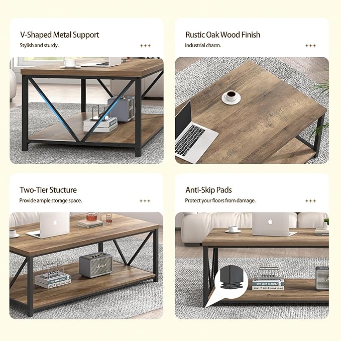 FOLUBAN Modern Coffee Table, Living Room Center Table with Storage, Wood and Metal Cocktail Table, Rustic Oak, 47 Inch