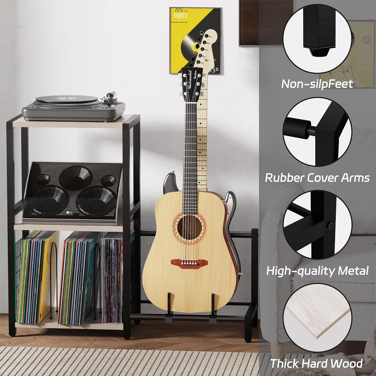 YAKANJ End Table with Guitar Stand,Record Player Stand,Vinyl Records Storage,2-Tier Guitar Stand for Acoustic,Turntable Stand for Music Studio,Grey
