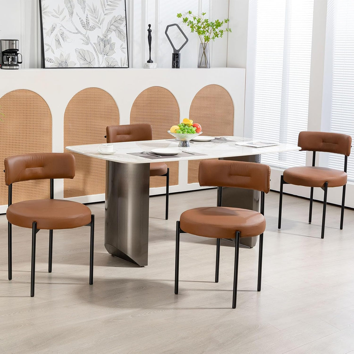 AVAWING Brown Faux Leather Dining Chairs Set of 4, Modern Kitchen Chairs with Black Metal Legs and Curved Backrest, Round Dining Room Chairs for Dining Room and Kitchen